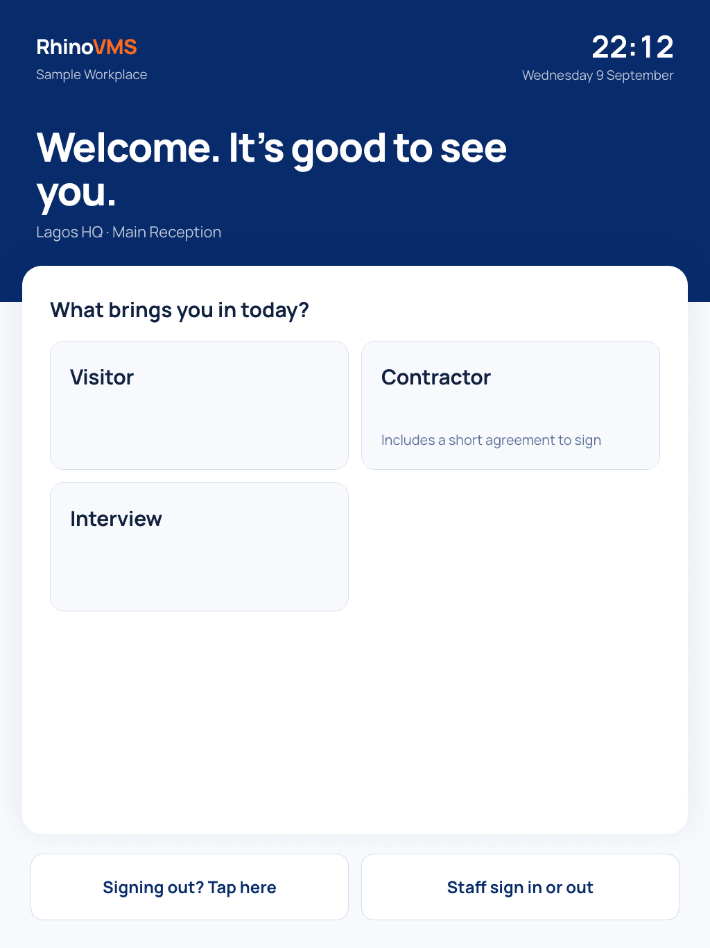 Actual RhinoVMS kiosk welcome screen, with a navy welcome panel, visitor type tiles, and separate visitor sign-out and staff sign-in actions.
